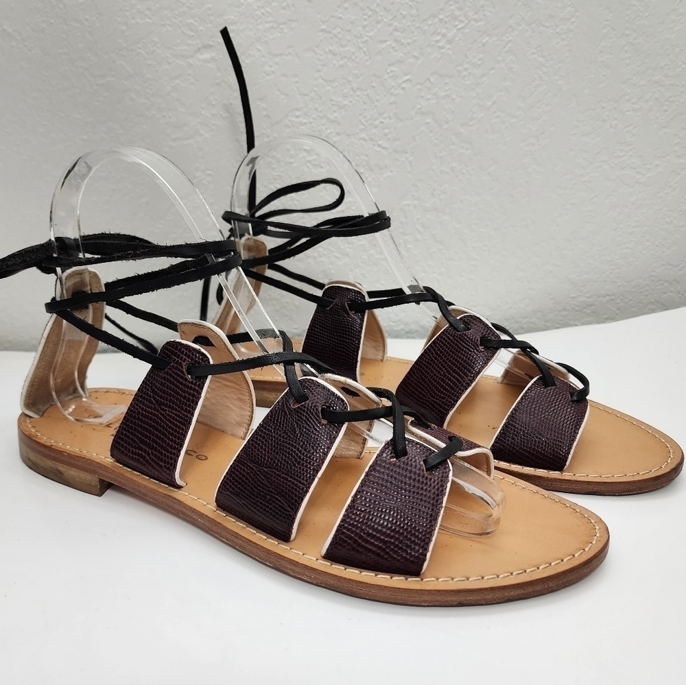 Club Monaco Brown Leather & Black Cord Laces Flat Gladiator Sandals Size 37.5